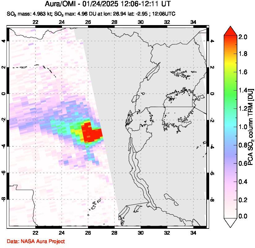 A sulfur dioxide image over Nyiragongo, DR Congo on Jan 24, 2025.