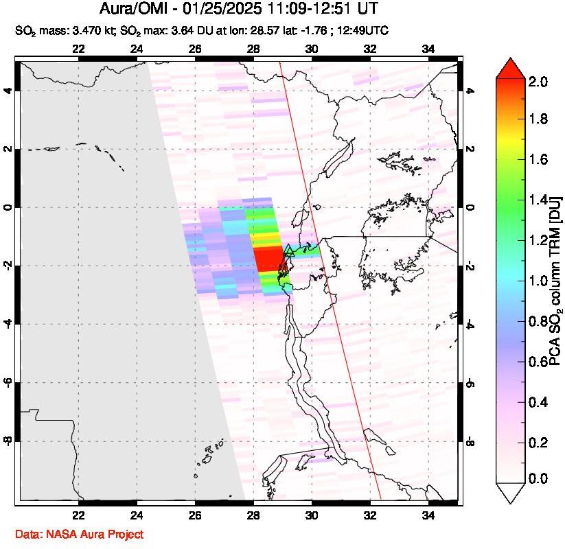 A sulfur dioxide image over Nyiragongo, DR Congo on Jan 25, 2025.