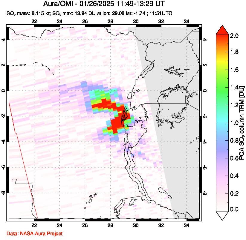 A sulfur dioxide image over Nyiragongo, DR Congo on Jan 26, 2025.