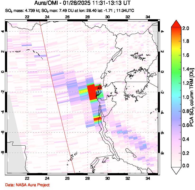 A sulfur dioxide image over Nyiragongo, DR Congo on Jan 28, 2025.