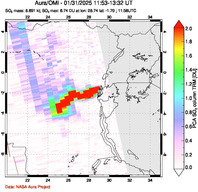 A sulfur dioxide image over Nyiragongo, DR Congo on Jan 31, 2025.