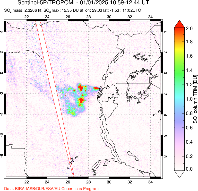 A sulfur dioxide image over Nyiragongo, DR Congo on Jan 01, 2025.