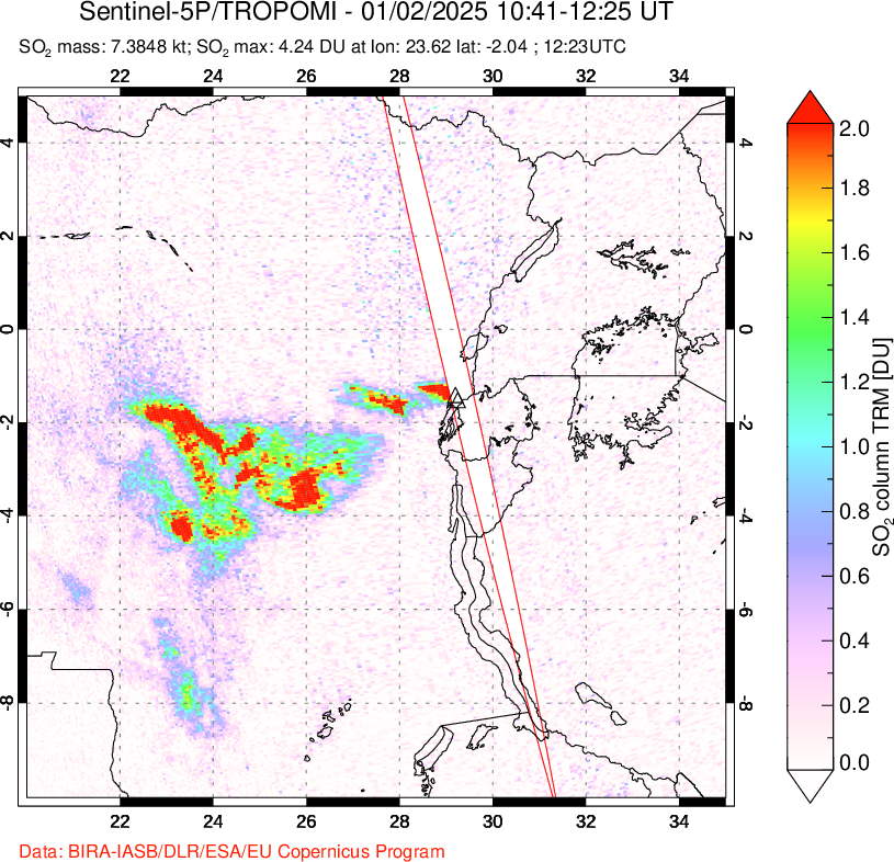 A sulfur dioxide image over Nyiragongo, DR Congo on Jan 02, 2025.