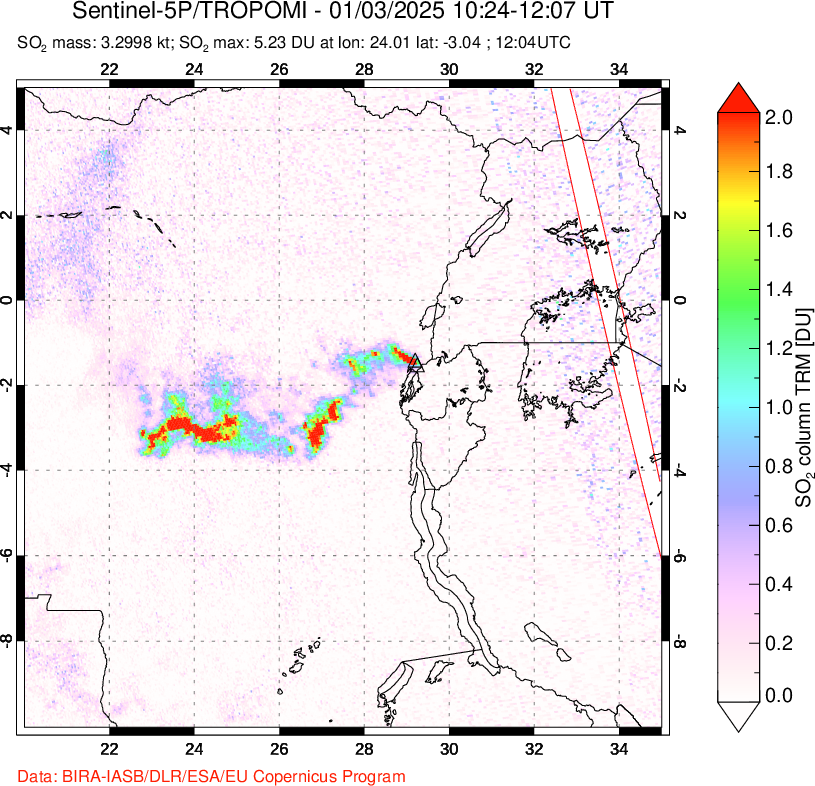 A sulfur dioxide image over Nyiragongo, DR Congo on Jan 03, 2025.