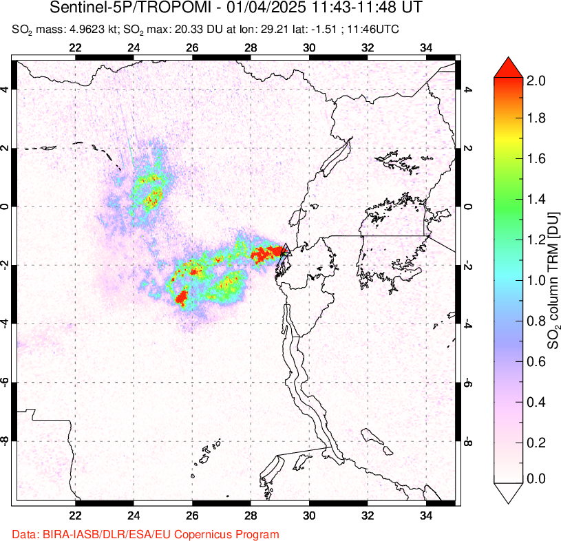 A sulfur dioxide image over Nyiragongo, DR Congo on Jan 04, 2025.