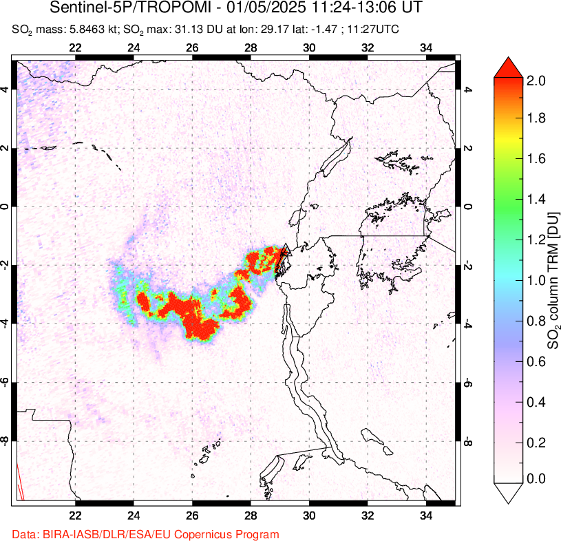 A sulfur dioxide image over Nyiragongo, DR Congo on Jan 05, 2025.