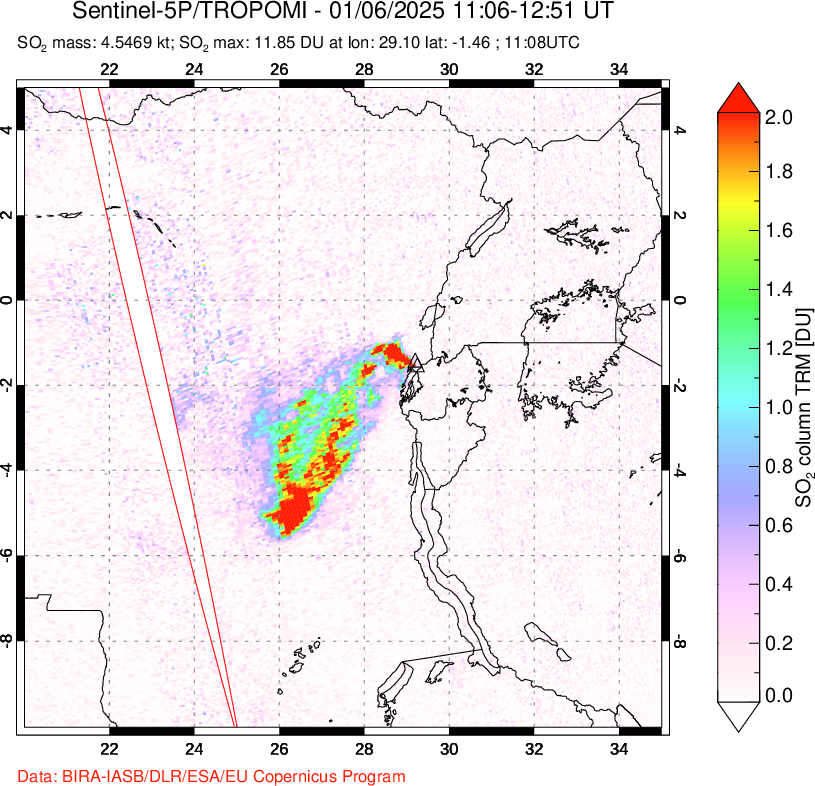 A sulfur dioxide image over Nyiragongo, DR Congo on Jan 06, 2025.