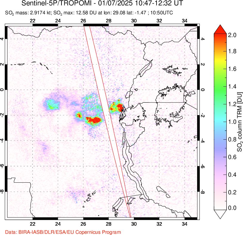 A sulfur dioxide image over Nyiragongo, DR Congo on Jan 07, 2025.