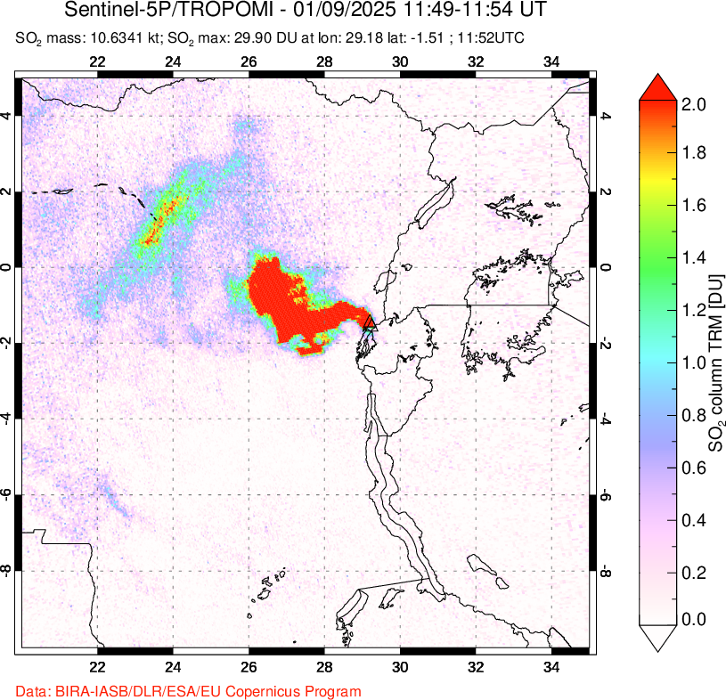 A sulfur dioxide image over Nyiragongo, DR Congo on Jan 09, 2025.