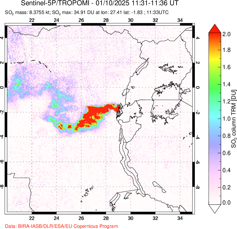 A sulfur dioxide image over Nyiragongo, DR Congo on Jan 10, 2025.