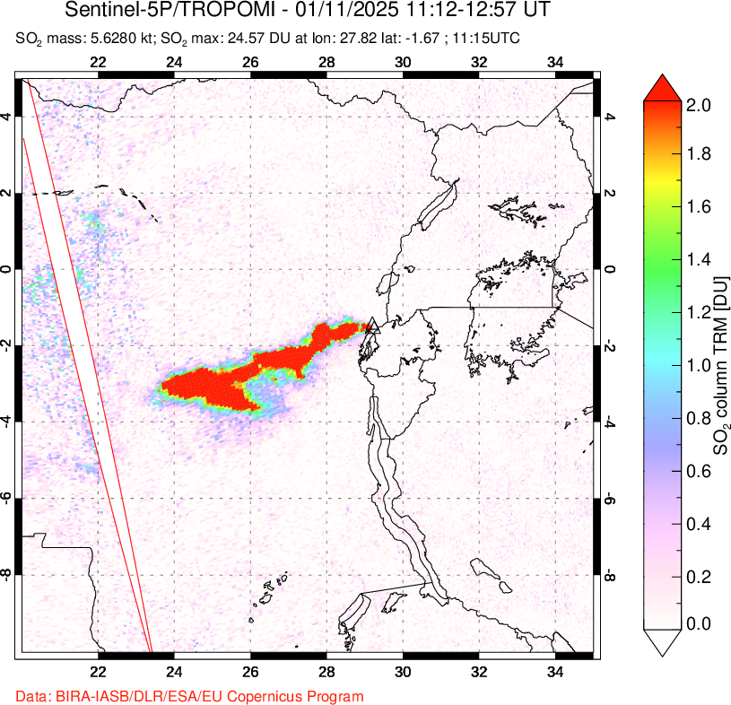 A sulfur dioxide image over Nyiragongo, DR Congo on Jan 11, 2025.