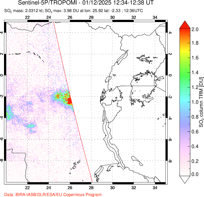 A sulfur dioxide image over Nyiragongo, DR Congo on Jan 12, 2025.