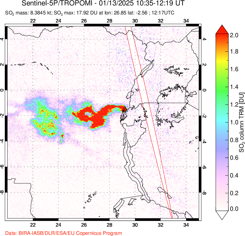 A sulfur dioxide image over Nyiragongo, DR Congo on Jan 13, 2025.