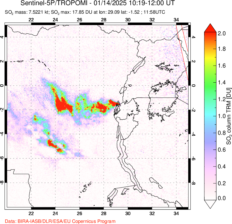 A sulfur dioxide image over Nyiragongo, DR Congo on Jan 14, 2025.