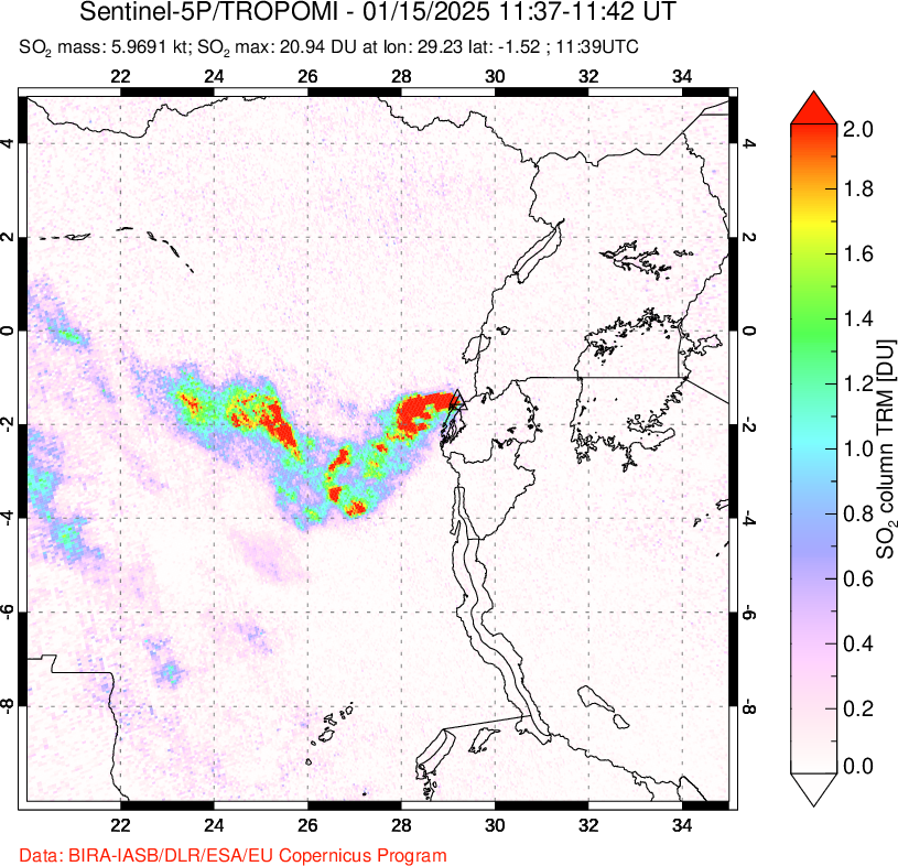 A sulfur dioxide image over Nyiragongo, DR Congo on Jan 15, 2025.