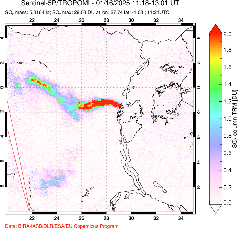 A sulfur dioxide image over Nyiragongo, DR Congo on Jan 16, 2025.