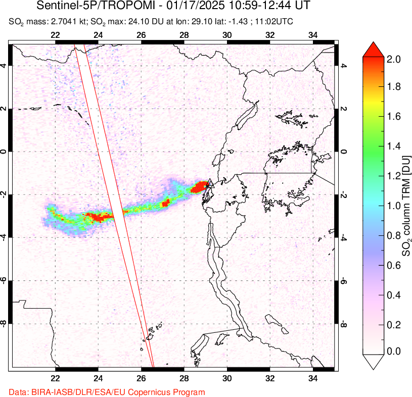 A sulfur dioxide image over Nyiragongo, DR Congo on Jan 17, 2025.