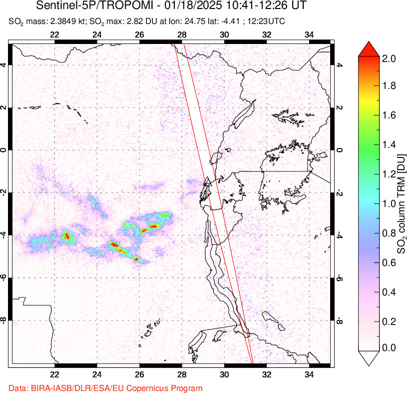 A sulfur dioxide image over Nyiragongo, DR Congo on Jan 18, 2025.