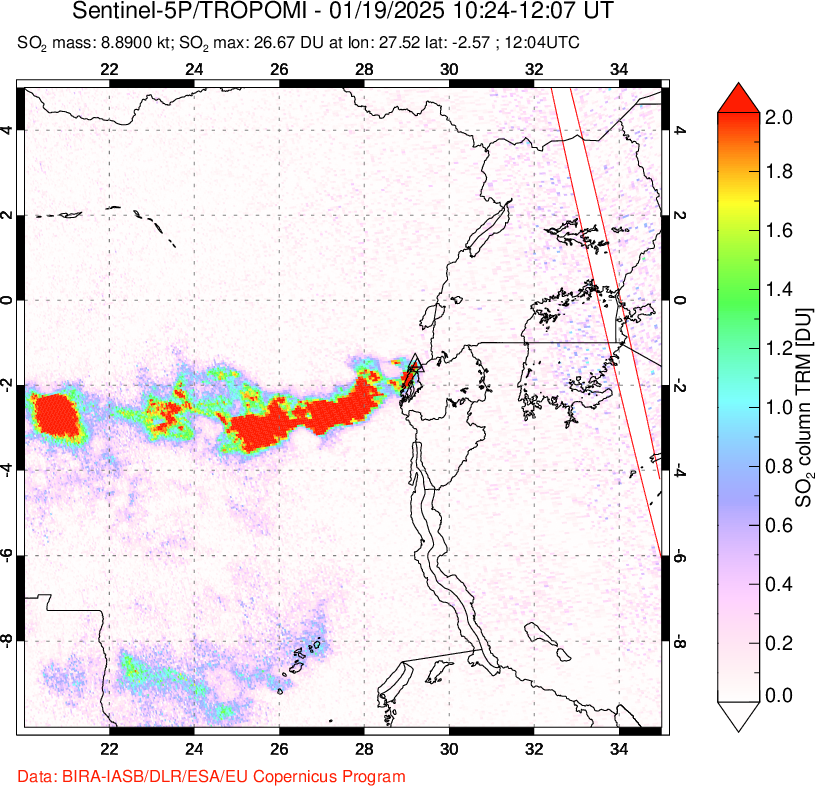 A sulfur dioxide image over Nyiragongo, DR Congo on Jan 19, 2025.