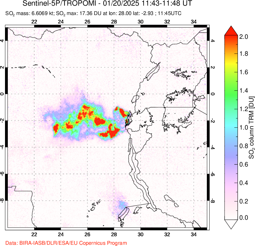 A sulfur dioxide image over Nyiragongo, DR Congo on Jan 20, 2025.