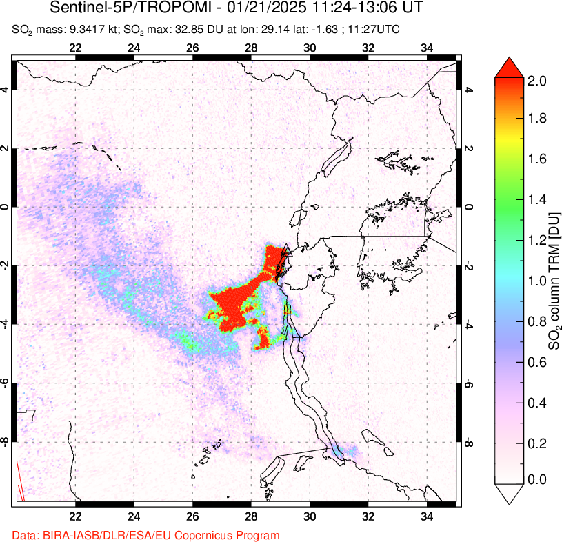 A sulfur dioxide image over Nyiragongo, DR Congo on Jan 21, 2025.