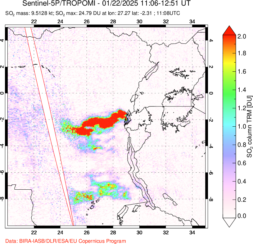 A sulfur dioxide image over Nyiragongo, DR Congo on Jan 22, 2025.