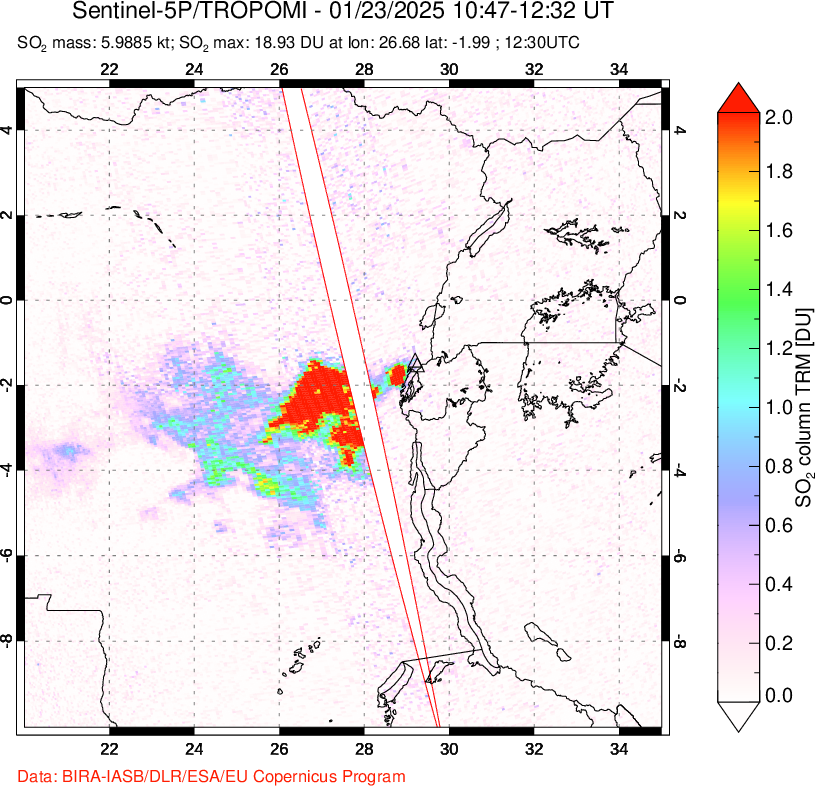 A sulfur dioxide image over Nyiragongo, DR Congo on Jan 23, 2025.