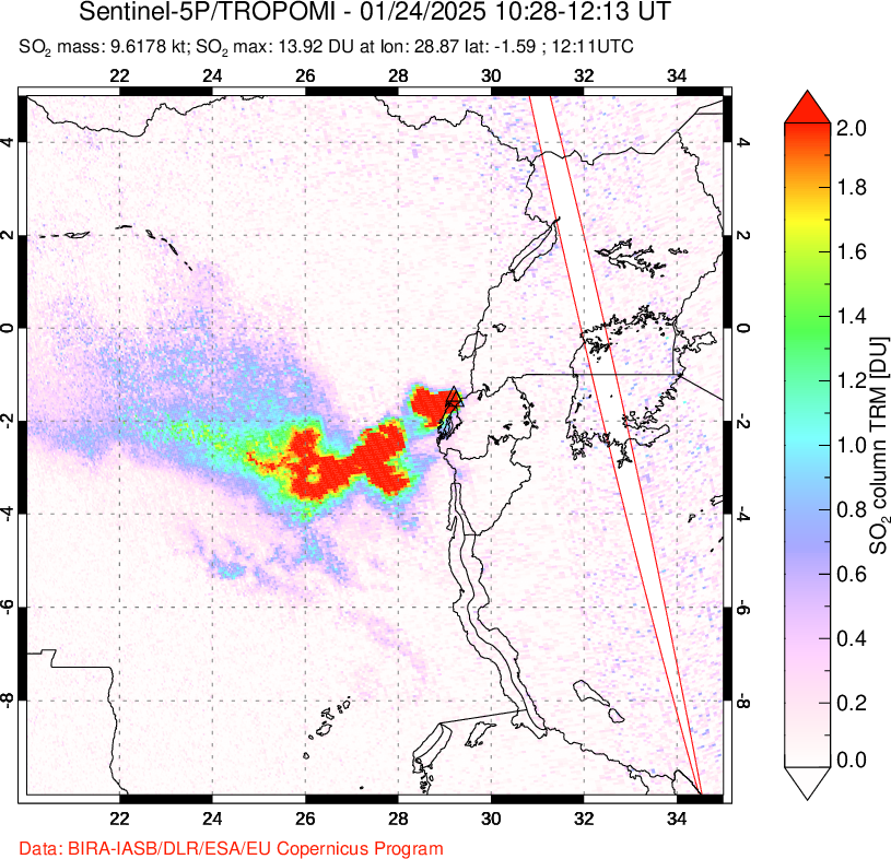 A sulfur dioxide image over Nyiragongo, DR Congo on Jan 24, 2025.