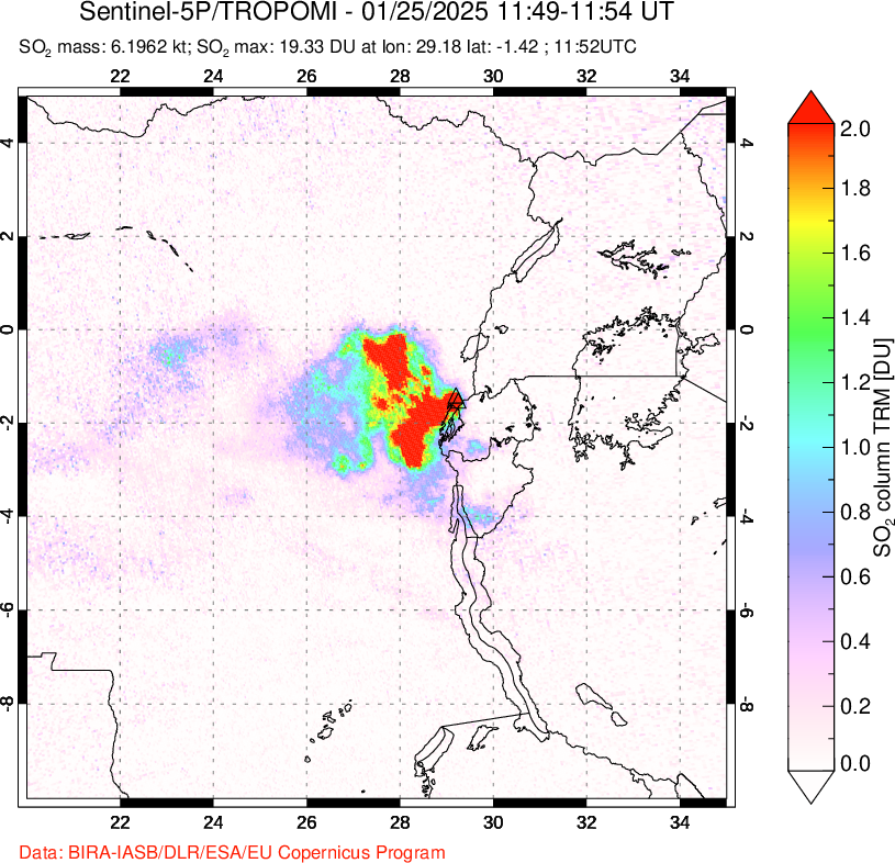 A sulfur dioxide image over Nyiragongo, DR Congo on Jan 25, 2025.