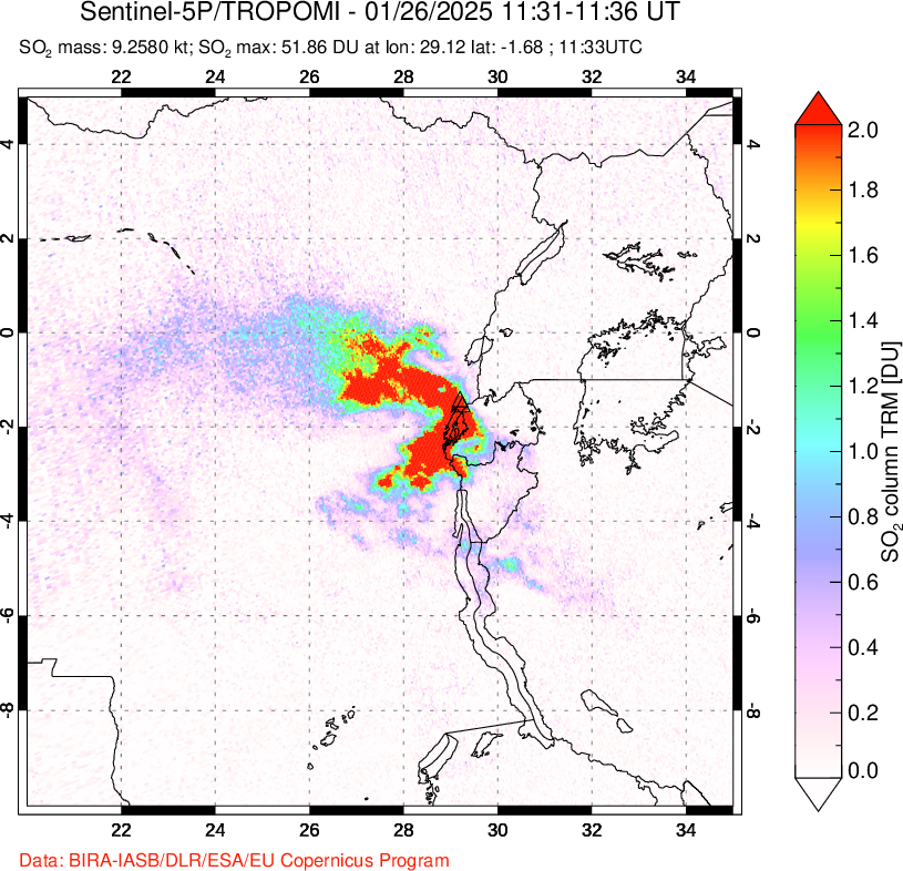 A sulfur dioxide image over Nyiragongo, DR Congo on Jan 26, 2025.