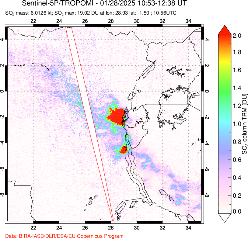 A sulfur dioxide image over Nyiragongo, DR Congo on Jan 28, 2025.