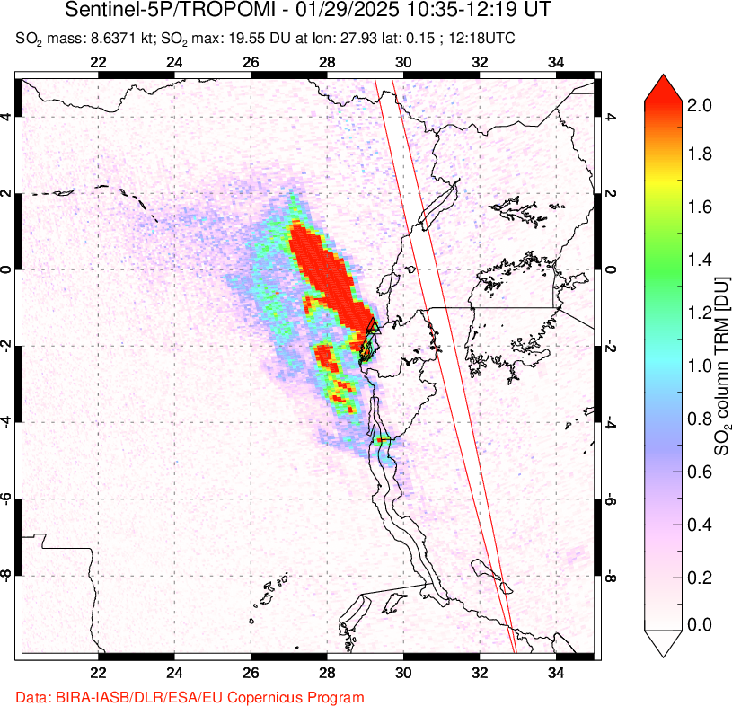 A sulfur dioxide image over Nyiragongo, DR Congo on Jan 29, 2025.