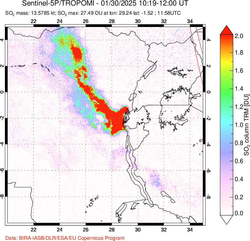 A sulfur dioxide image over Nyiragongo, DR Congo on Jan 30, 2025.