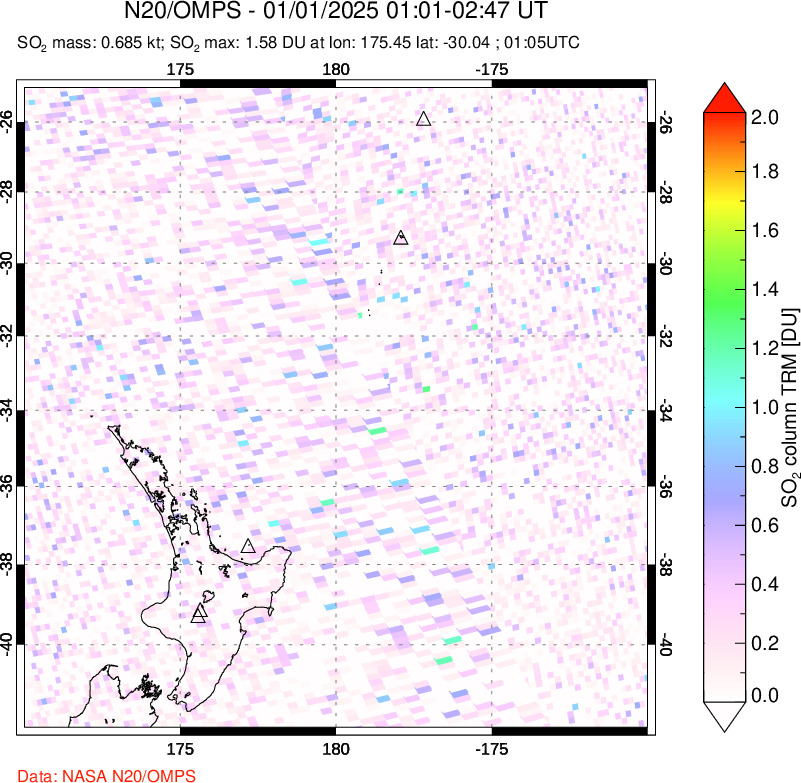 A sulfur dioxide image over New Zealand on Jan 01, 2025.