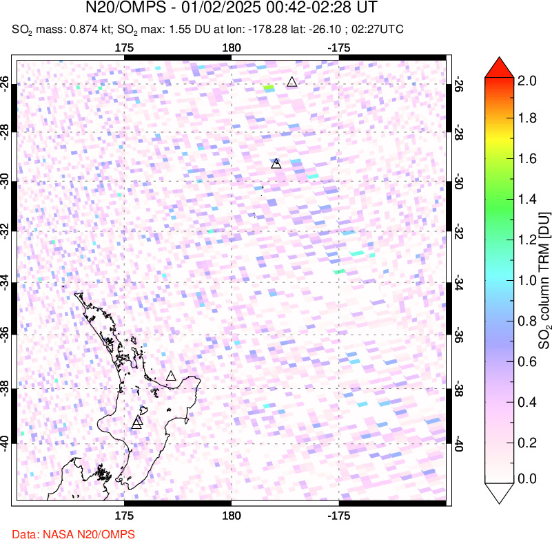 A sulfur dioxide image over New Zealand on Jan 02, 2025.