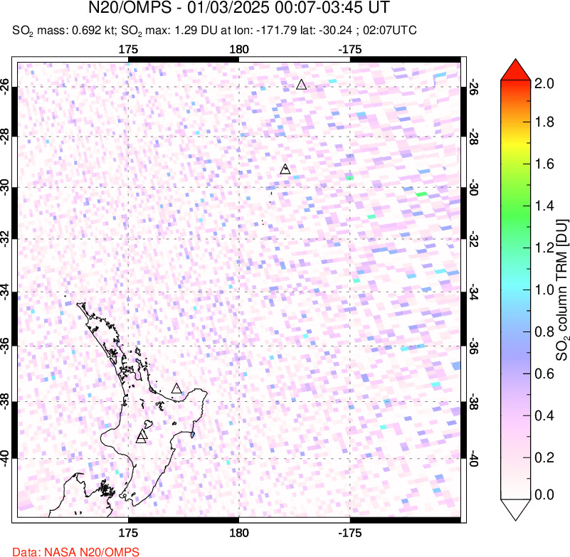 A sulfur dioxide image over New Zealand on Jan 03, 2025.