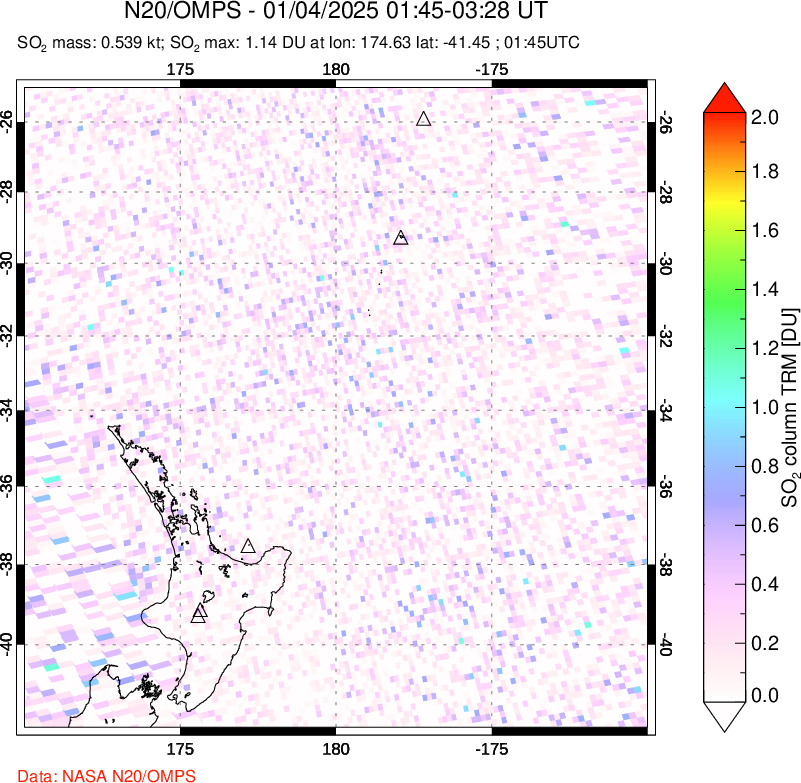 A sulfur dioxide image over New Zealand on Jan 04, 2025.