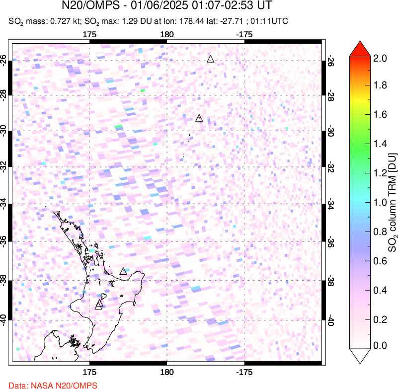 A sulfur dioxide image over New Zealand on Jan 06, 2025.