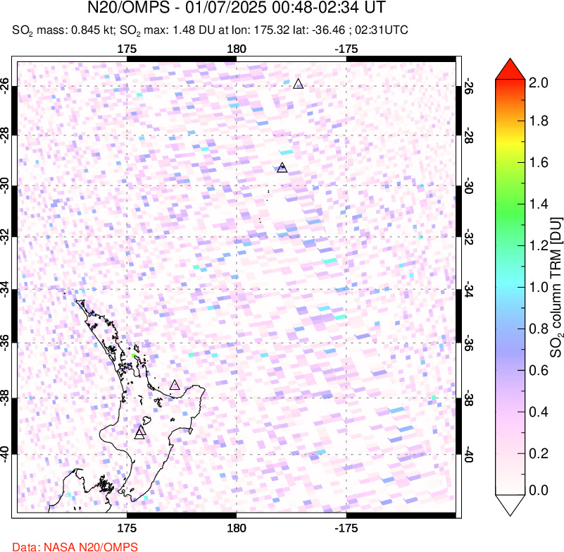 A sulfur dioxide image over New Zealand on Jan 07, 2025.