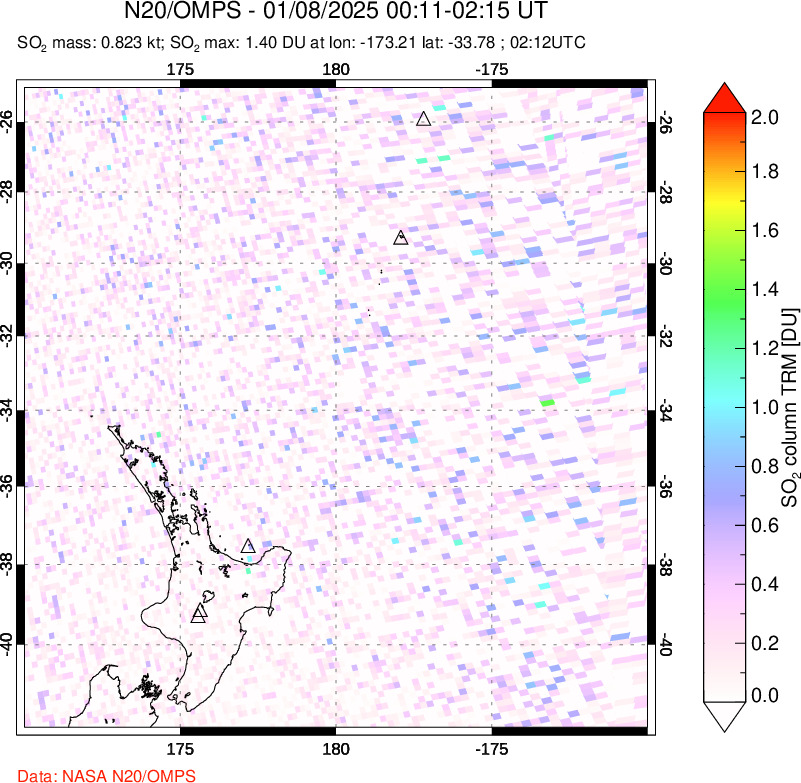 A sulfur dioxide image over New Zealand on Jan 08, 2025.