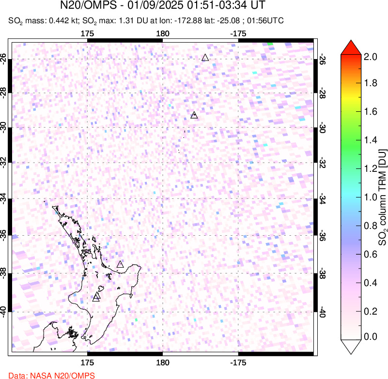 A sulfur dioxide image over New Zealand on Jan 09, 2025.