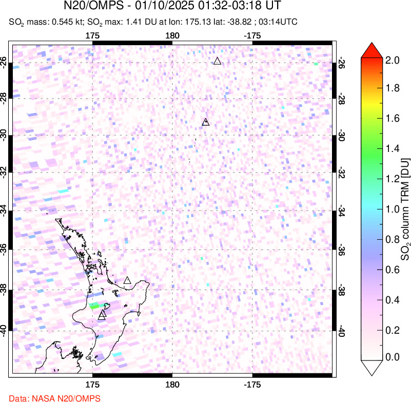 A sulfur dioxide image over New Zealand on Jan 10, 2025.