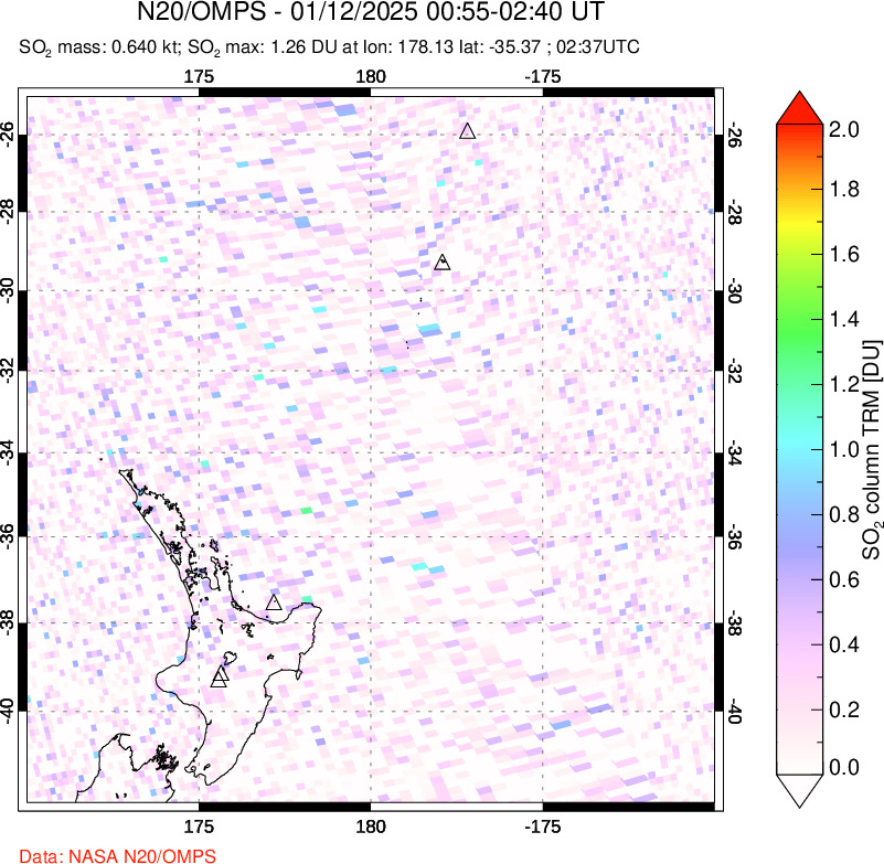 A sulfur dioxide image over New Zealand on Jan 12, 2025.