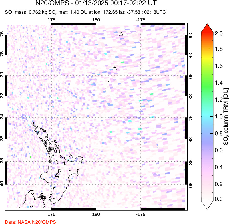 A sulfur dioxide image over New Zealand on Jan 13, 2025.