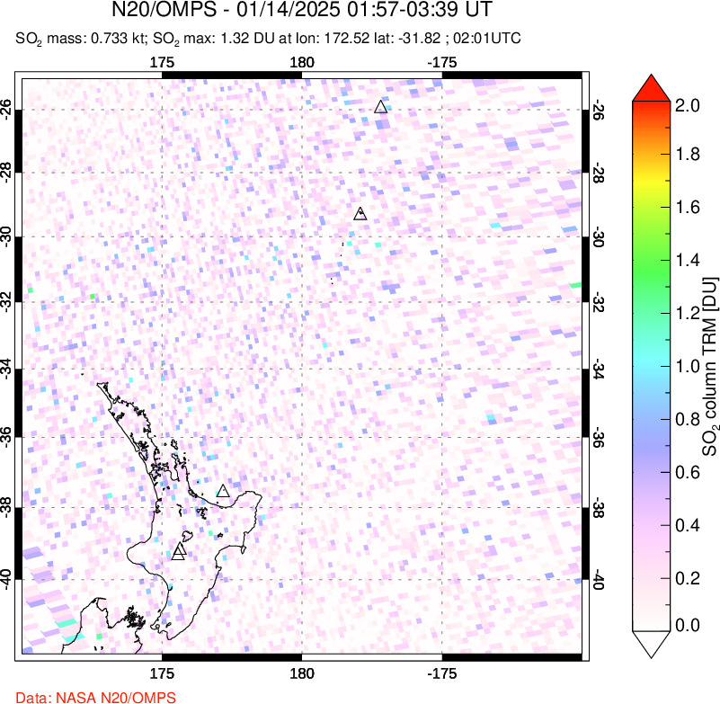 A sulfur dioxide image over New Zealand on Jan 14, 2025.