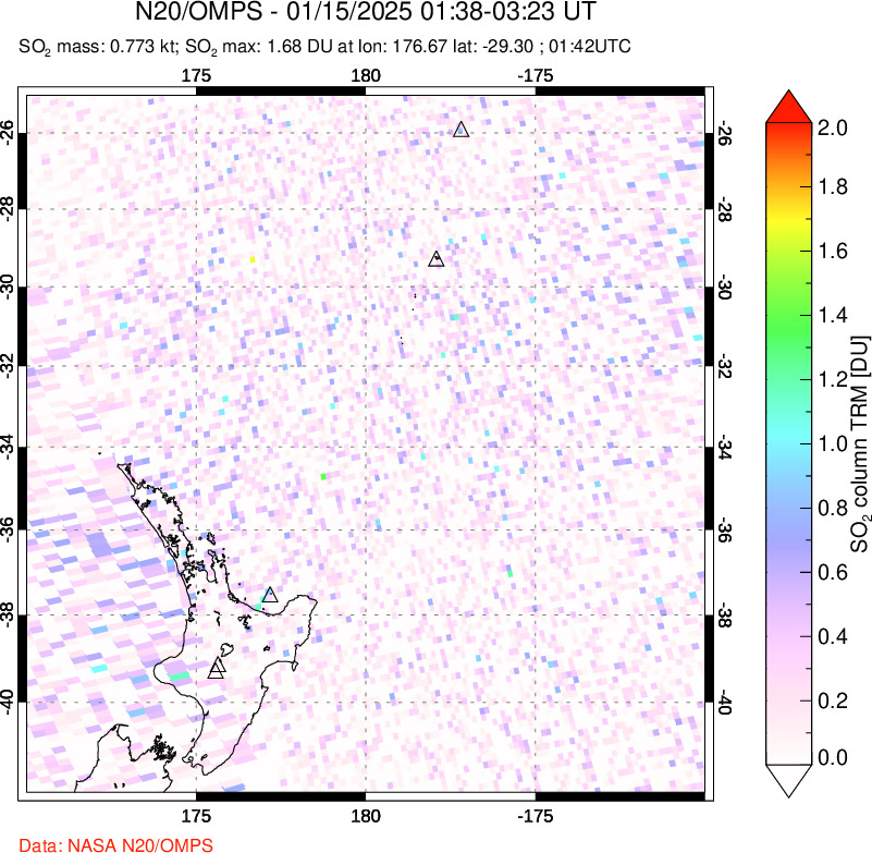 A sulfur dioxide image over New Zealand on Jan 15, 2025.