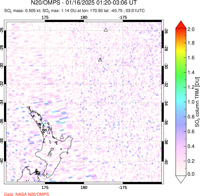 A sulfur dioxide image over New Zealand on Jan 16, 2025.