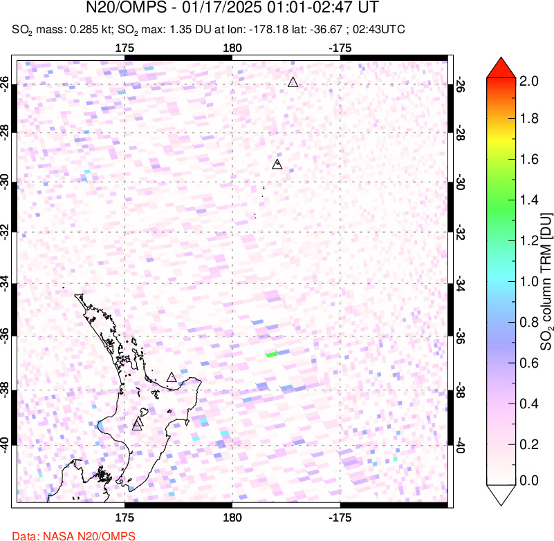 A sulfur dioxide image over New Zealand on Jan 17, 2025.