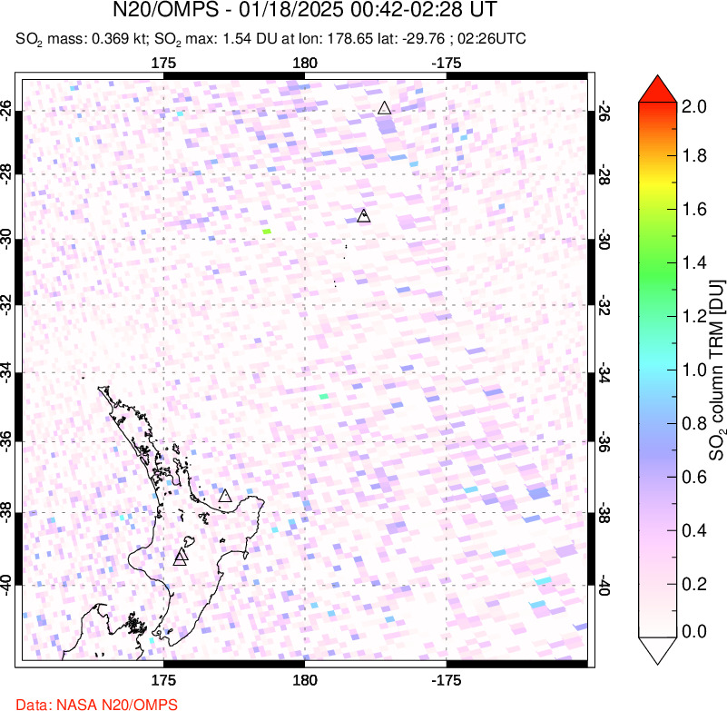 A sulfur dioxide image over New Zealand on Jan 18, 2025.