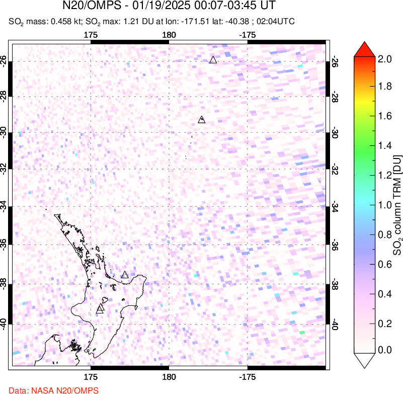 A sulfur dioxide image over New Zealand on Jan 19, 2025.